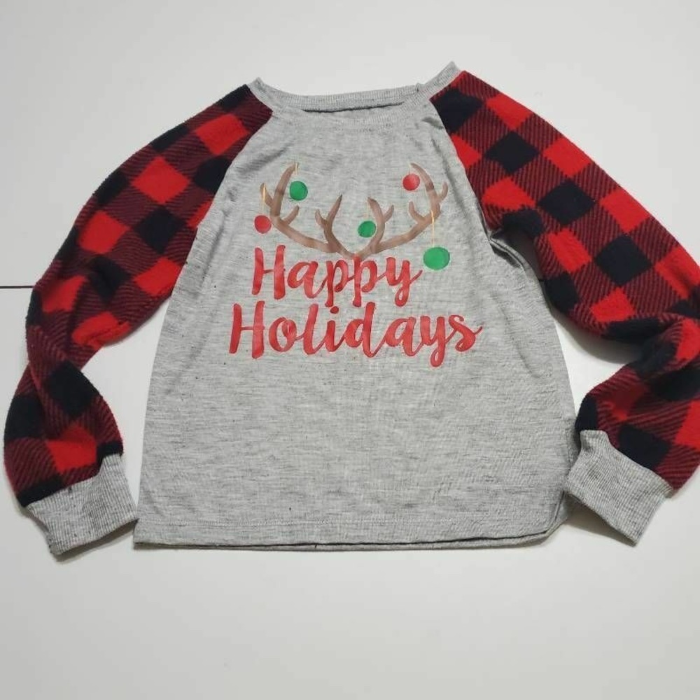 Girls Pullover Sweatshirt Gray Heathered Happy Holidays Raglan Sleeve XS